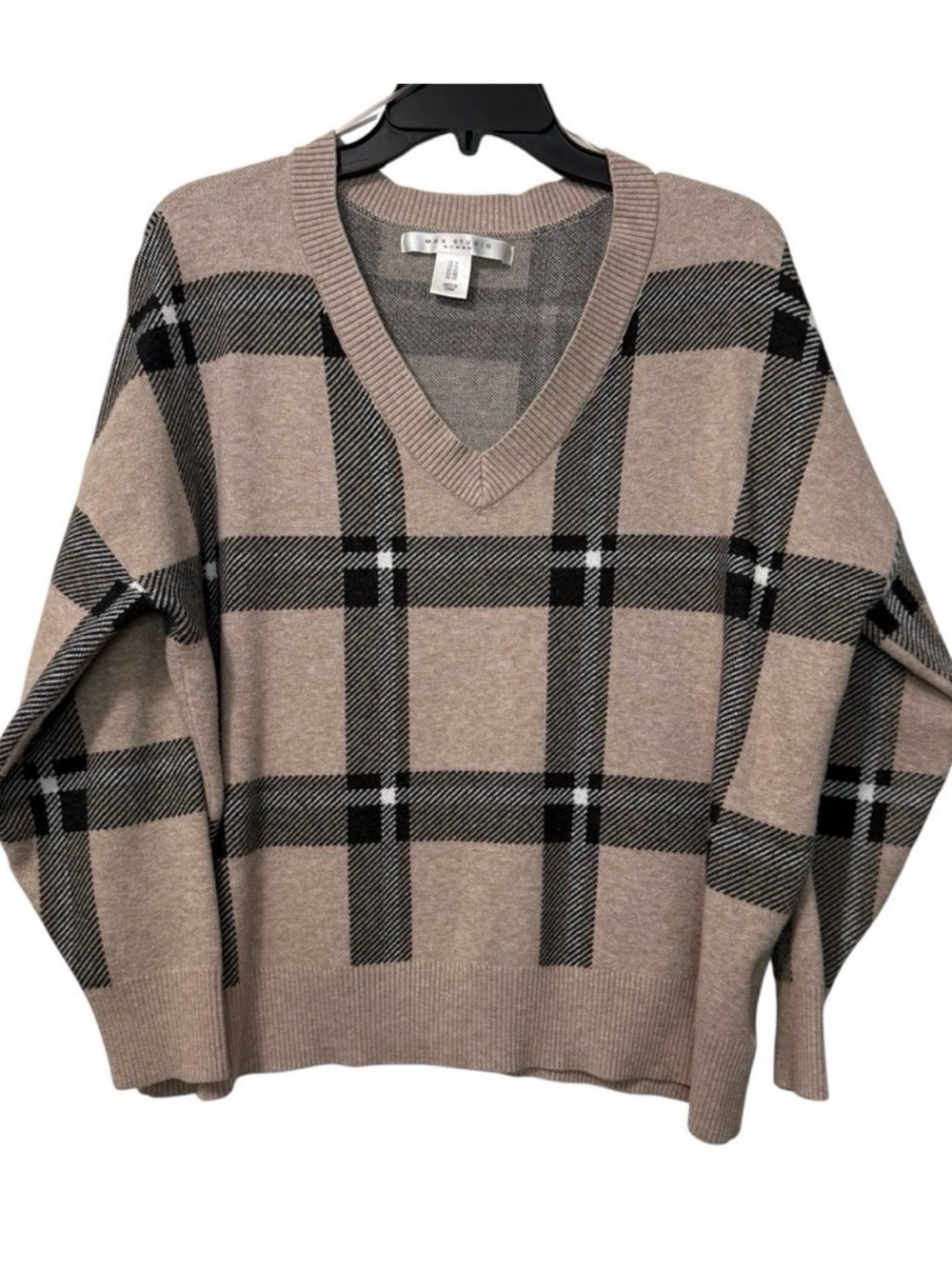 Max Studio Plaid V-Neck Sweater Beige Neutral Plus Size 1X